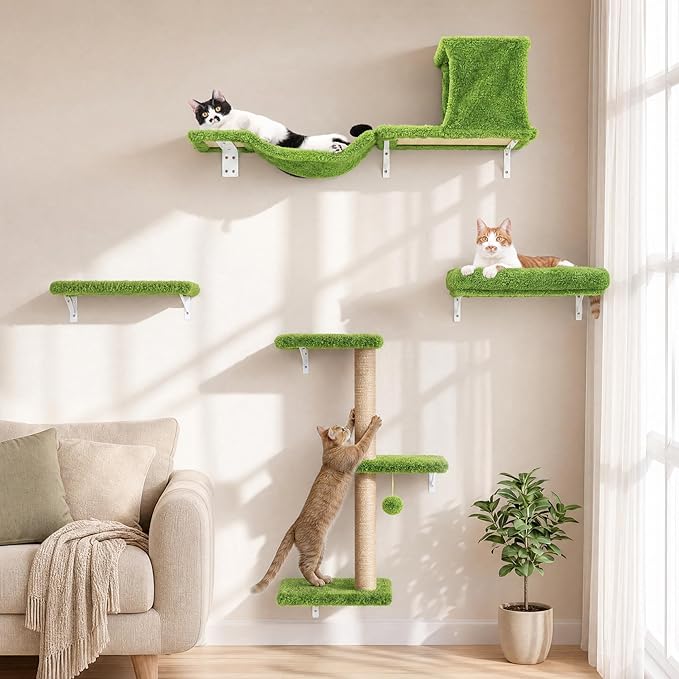 FUKUMARU Cat Wall Shelves, 4 in 1 Set, Green | Stable & Safe Cat Walls Furniture, Wooden Kitten Climbing Wall with Scratching Post for 16 Inch Drywall