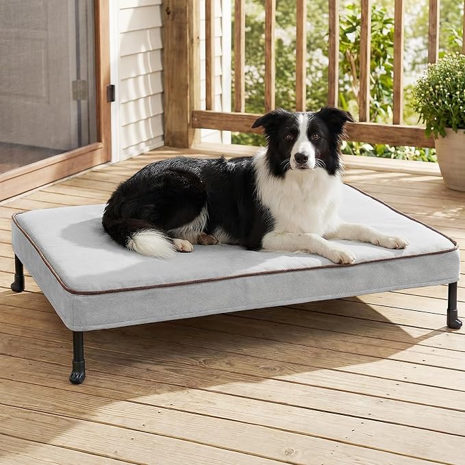Veehoo Outdoor Elevated Dog Bed with Washable & Waterproof Cushion, Cooling | Medium Raised Dog Cot with Removable Cover, Brethable Mesh, Orthopedic Pet Bed for Indoor & Outdoor, 35" x 25", Dark Grey