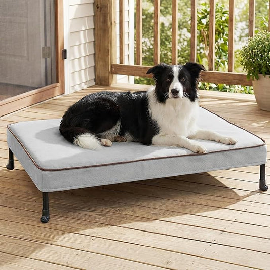 Veehoo Outdoor Elevated Dog Bed with Washable & Waterproof Cushion, Cooling | Medium Raised Dog Cot with Removable Cover, Brethable Mesh, Orthopedic Pet Bed for Indoor & Outdoor, 35" x 25", Dark Grey