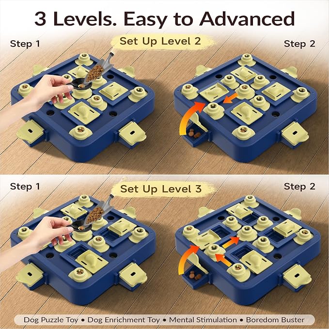 KADTC Dog Chess Puzzle Toy, 3-Levels, Mental Stimulation for Smart Dogs | Large size. Beginner-to-Advanced challenge beats boredom, burns energy, builds focus, slows eating, rewards sharper thinking.
