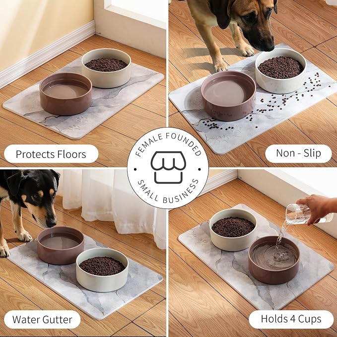 Diatomite Stone Pet Feeding Mat for Dog Cat Super Absorbent Diatomite Quick Drying Stone Dog Food Mat, Dog Mats for Food and Water with Non-Slip Station, Fast Dry Pet Mats, Marble Cyan