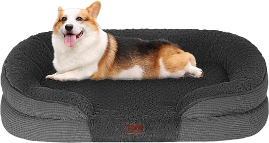 Dwanton Orthopedic Dog Bed for Medium Dogs with Gel Memory Foam, Waterproof Dog Sofa, Washable Pet Bed with Four Sided Bolster Cushion, Removable Cover & Non-Slip Bottom, 36", Plush-Dark Grey