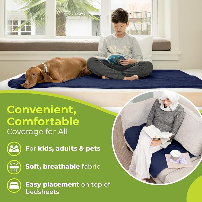PeapodMats Bedwetting Waterproof Bed Mat, Reusable 3x5 Navy Blue | Washable reusable bed mat for bedwetting, incontinence, kids, adults, pets, and mattress protection.