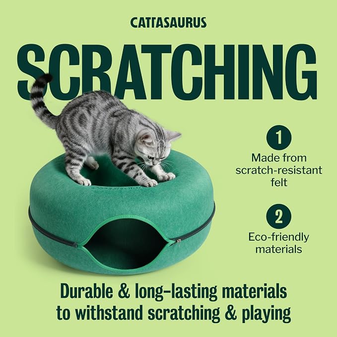 Peekaboo Cat Cave Donut for Multiple & Large Cats up to 30-45 lbs, 3-in-1 Self Warming Cat Bed, Tunnel & Scratcher for Indoor Cats, Washable & Detachable Dog Bed (Forest Green, Large)