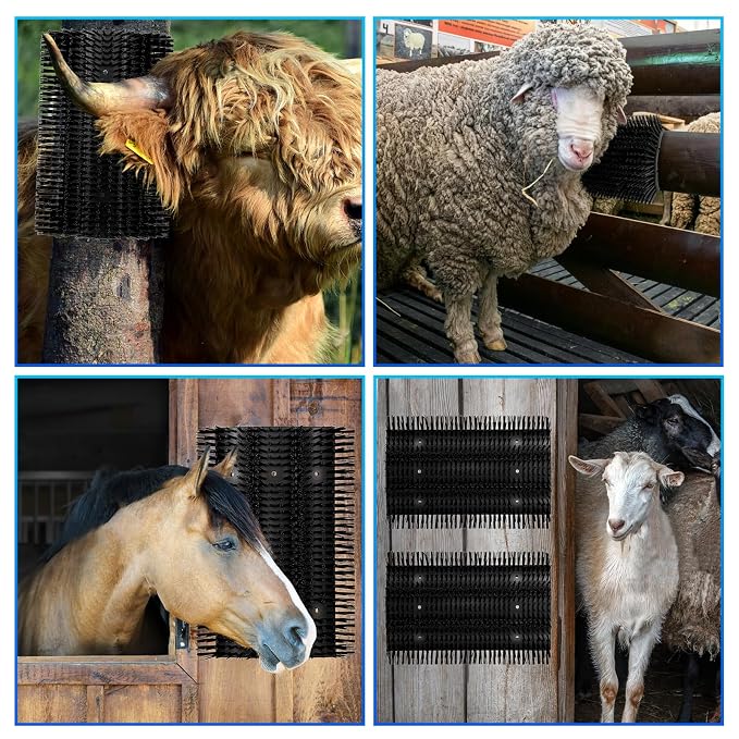 Extra Large Size Livestock Scratching Brush, Upgraded Horse/Goat/Cow/Cattle Scratcher Brush for Grooming, Itch Relief Horse Scratcher Brushes Kit with Two Sets of Mounting Screws(4-Pack,Black)