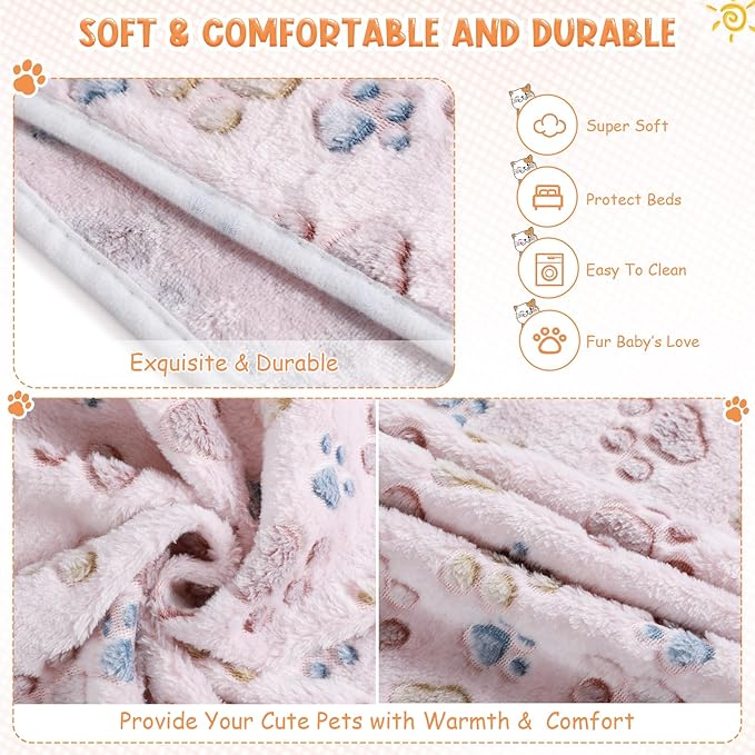 Tatuo 4 Pack Fleece Dog Blankets for Puppy Cats Multi-Size Sleep Mat for Pet Guinea Pig Soft Washable Warm Crate Bed Puppy Teething Toys Print Pattern Blanket Indoor(Beige,24 x 16 Inch,Paw)