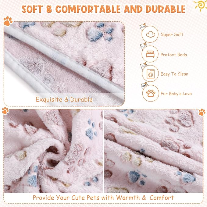 Tatuo 4 Pack Fleece Dog Blankets for Puppy Cats Multi-Size Sleep Mat for Pet Guinea Pig Soft Washable Warm Crate Bed Puppy Teething Toys Print Pattern Blanket Indoor(Beige,41 x 30 Inch,Paw)