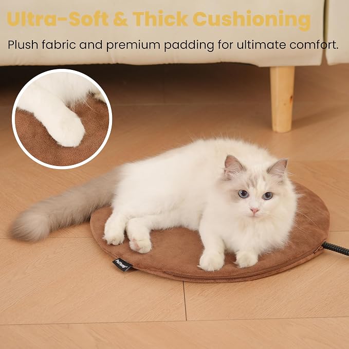 Pet Heating Pad for Cats Dogs Indoor & Sheltered Outdoor Waterproof Heated Cat Bed Heated Dog Bed Chew Resistant Cord Constant Temperature Brown Round 16 Inch