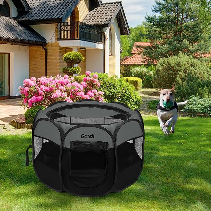 Goozii Portable Puppy Playpen Indoor, Small Dog Playpen, Pop Up Kitten Cat Play Pen Tent for Outdoor, Foldable Pet Cage Crate Kennel with Zip Gate Top Cover Bottom for Travel Camping RV Car (Black)