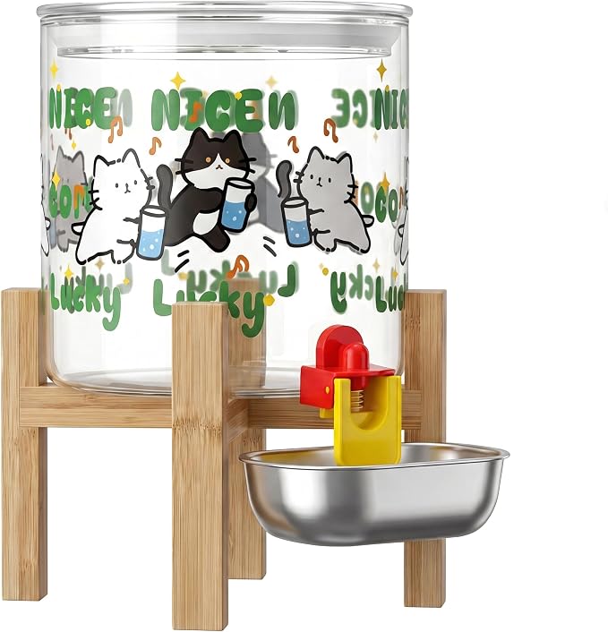 Gravity Cat Water Fountain No Electricity, 2.3L/77oz Cat Water Dispenser, Glass Water Bowl with Stainless Steel Basin, 0 Noise, Dustproof, Easy to Clean, for Indoor Cats & Small Pets