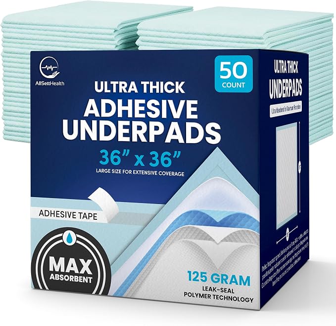 50 Pack Adhesive Disposable Bed Pads for Adults 125 Gram - 3XL 36"x36"Non Slip Chucks Pads Disposable Adult, Incontinence Bed Pads - Disposable Underpads, Waterproof Heavy Duty Pee Pads for Adults