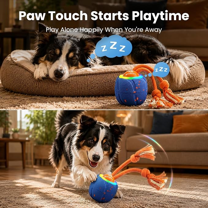 Smart Interactive Dog Toys, 3 Modes Automatic Rolling Ball, Chase Pet Toy with Rope & Barking Sound, Chew Resistant E-TPU, IPX7 Waterproof Rechargeable Ball for Medium Large Dogs, Blue