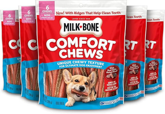 Milk-Bone Comfort Chews, Mini Dog Chews with Unique Chewy Texture and Real Beef, 7.4 Oz. Bag (Case of 5) (6 Chews Each)