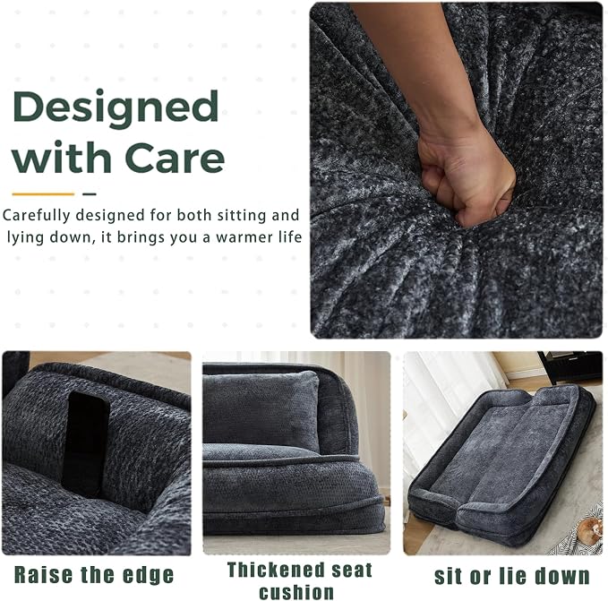 Foldable Lazy Sofa Bed, Double Human Dog Bed for Adults, Dark Gray | Skin-friendly Breathable Soft Chenille Upholstered, 5 Adjustable Backrest Positions, 3 Soft Cushions for Living Room
