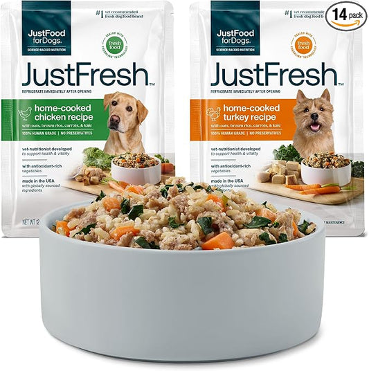 JustFoodForDogs JustFresh Wet Dog Food, Fresh Pet Meals and Toppers with No Preservatives, Resealable Package, Human Grade, Home-Cooked Chicken & Turkey, 12 oz - 14 Pack