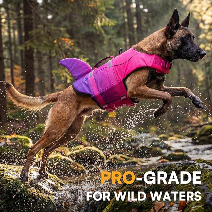 Dog Life Jacket High Flotation, Reflective Dog Life Vest for Swimming, Adjustable Dogs Life Preserver Rescue Handle Spring Summer Pool for Small, Medium, Large Dogs (Pink Purple,XL)