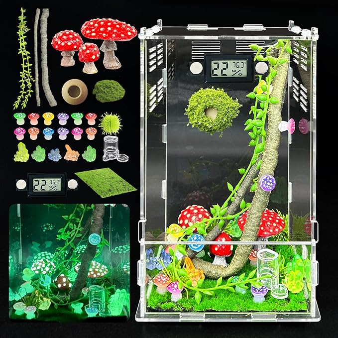 Jumping Spider Enclosure,DIY Insects Habitat,Small Reptile Terrarium Glass House Accessories Set,with Temperature and Humidity Detector Water Feeder Platform Hide,5.5“x5.5”x9.5“ (Luminous Mushrooms)