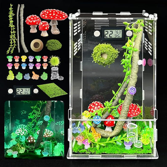Jumping Spider Enclosure,DIY Insects Habitat,Small Reptile Terrarium Glass House Accessories Set,with Temperature and Humidity Detector Water Feeder Platform Hide,5.5“x5.5”x9.5“ (Luminous Mushrooms)