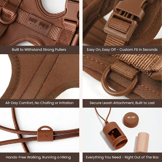 No Pull Dog Harness and Leash Set 3-in-1, Adjustable Anti Pull Dog Harness with Hands-Free Matching Leash and Poop Bag Holder, Easy Walk Dog Harness Medium, Small Sized Dog (Cocoa)