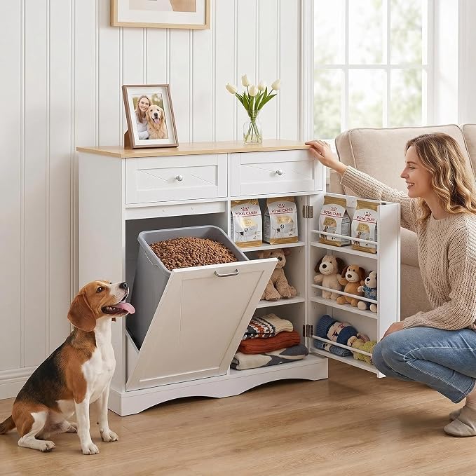 kepptory 37" High Dog Feeding Station with Storage Drawer, Pet Organizers and Storage Adjustable Shelf, Dog Feeder Station, Pet Storage Cabinet for Cats and Dogs (White)