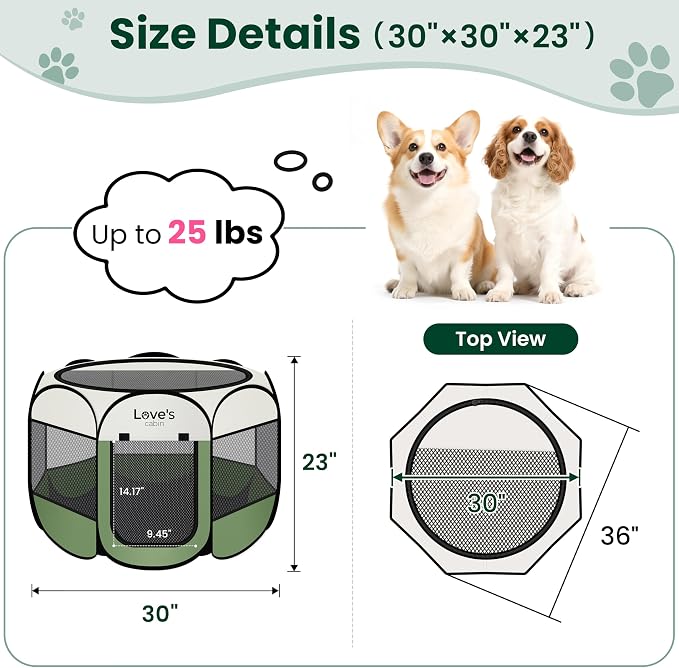 Love's cabin Pet Puppy Dog Playpen, Medium Dog Tent Crates Cage Indoor/Outdoor, Portable Playpen for Cat, Foldable Pop Up Dog Kennel Playpen with Carring Case, Removable Zipper Top, Olive Green