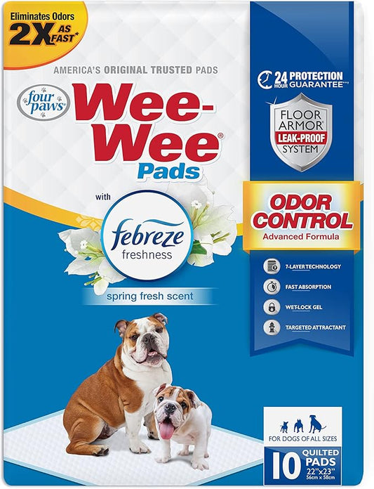 Four Paws Wee-Wee Odor Control Dog Pee Pads with Febreze Freshness | 10 count, spring fresh scent, neutralizes ammonia odors, pee pads for dogs & puppies, dog housebreaking, 22" x 23"