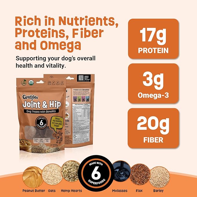 Gruffies Organic Hip & Joint Dog Treats Natural Joint Supplement for Dogs with Turmeric & Ginger, Healthy Peanut Butter Treats for Mobility, Vet Approved, Non-GMO, Made in Canada, 6 oz (Pack of 6)