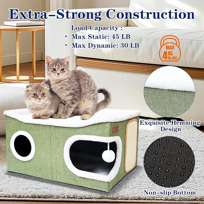 Extra Large Cat Beds for Indoor Cats, Covered Cat Cave Beds & Furniture with Scratch Pad and Fluffy Ball, Foldable Condo Hideaway with Reversible Cushion for Multi Small Pet Large Kittens, Green