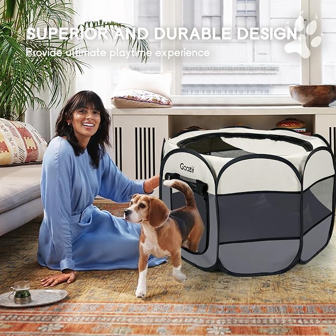 Goozii Pet Cat Playpen for Indoor Cats Enclosed, Puppy Dog Play Pen for Outdoor Travel Camping (Medium Size, Beige & Dark Grey)