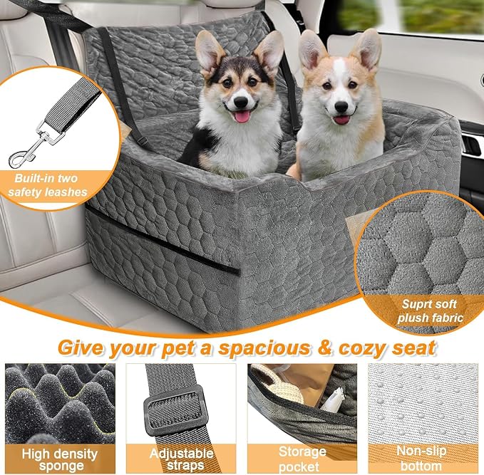Dog Car Seat for Medium/Large Dog Booster Seat Under 60 lbs or 2 Small Dogs, Multi-Functional Pet Car Seat with Thick Cushion, 2 Safety Leashes (Gray)