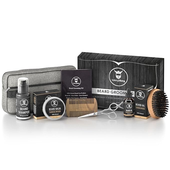 Striking Viking Grooming Kit - Premium Care Products for Men with Beard Shampoo, Oil, Balm Butter, Brush, Wooden Comb, Mustache Scissors & Toiletry Bag | Premium Care Products for Men with Beard Shampoo, Oil, Balm Butter, Brush, Wooden Comb, Mustache S...