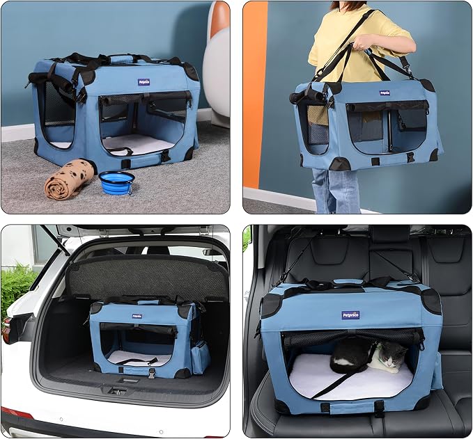Petprsco Portable Collapsible Dog Crate, 24" Soft Dog Crate for Car Travel | Includes Mat, Blanket & Bowl, Strong Fabric, 4-sided Mesh Vents, 3 Doors, Fit Small Dogs & Large Cats Indoor and Outdoor Use