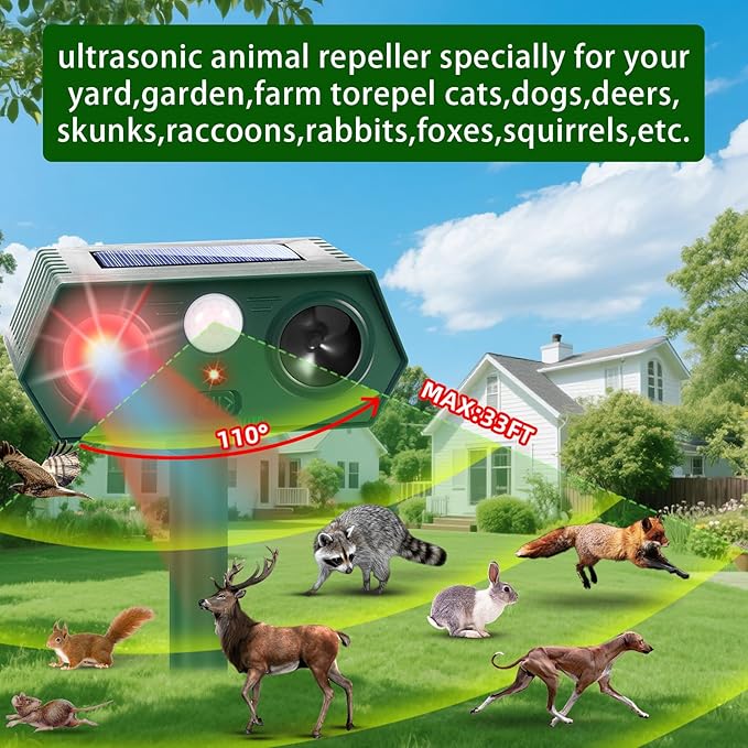 4Pack Solar Ultrasonic Animal Repellent Outdoor,Upgraded Deer Repellent Devices Motion Detection with Motion Sensor for Yard,Cat Repellent with Red&Blue LED Flash Lights to Scare Rabbit Raccoon Bear
