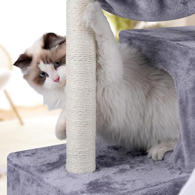 AIWIKIDE 37.4" Cat Tree Tower with Twin Cat Condos for Indoor Cats, All-in-One Activity Center with Cat Scratching Post Cozy Sleeping Perch Hammock and Toy Balls,Grey