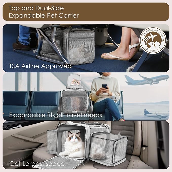 Top and 2 Sides Expandable Cat Carrier 18x11x11, TSA Airline Approved Dog Carriers for Small Dogs,Soft-Sided Pet Carrier with Self-Locking Zippers for Kitten,Rabbit, Puppy, Grey