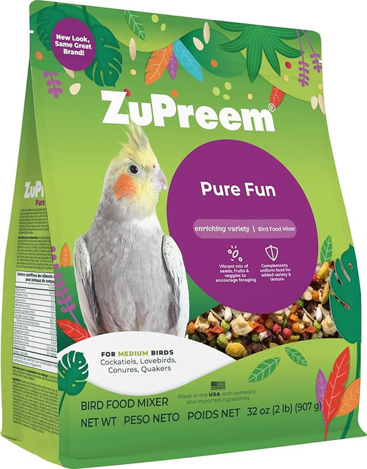 ZuPreem Pure Fun Bird Food, Cockatiel, Lovebird, Quaker, Small Conure, Lorikeet, Bird Seed and Pellets Blend for Medium Birds, ZuPreemEnriching Variety, Made in USA, Cockatiel Food, (Medium, 2 lb bag)