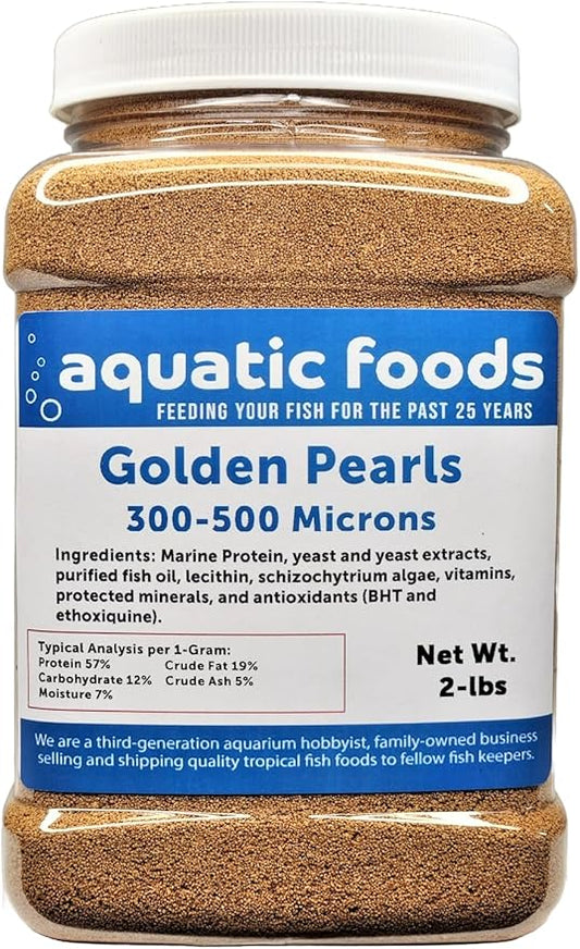 Aquatic Foods Inc. Golden Pearls 300-500 Micron New Fry, uveniles of Shrimp, Axolotls, Discus, Cichlids, Catfish, Tetras, Angel Fish, Guppies, Bettas, Goldfish, Corals, Reefs…2-lb Med Jar