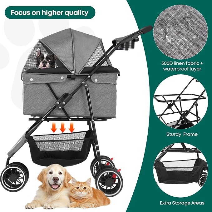 Pet Stroller,Dog Stroller for Small Medium Dogs Cats,3 Wheels,Grey | Foldable,with Breathable Mesh Canopy,Cup Holders,Easy Assembly