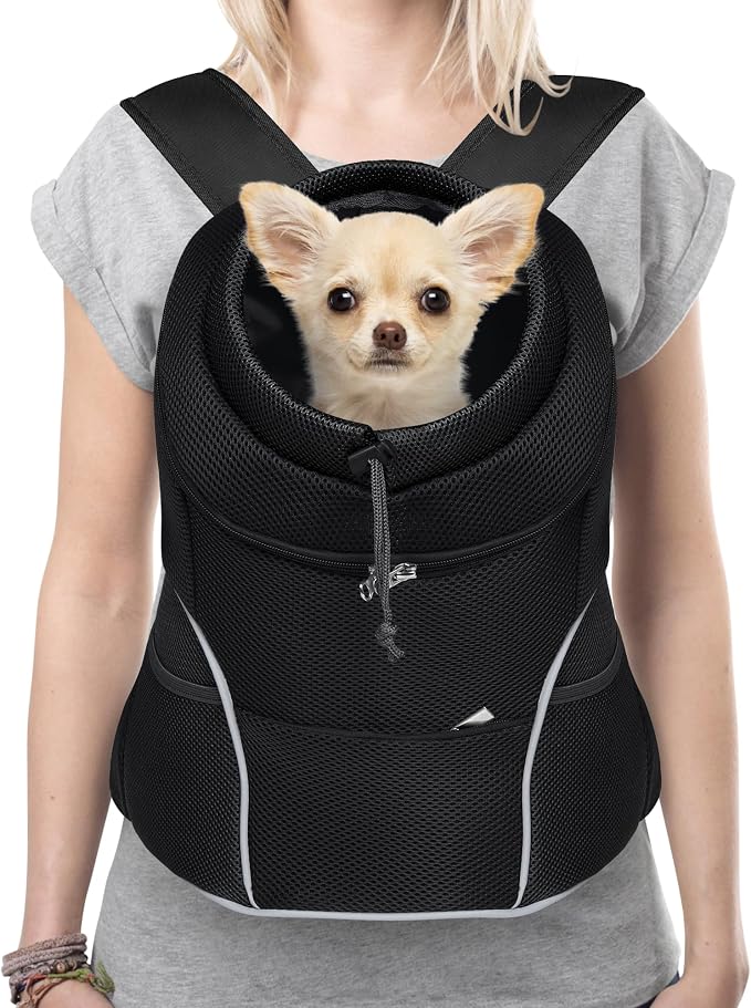 YUDODO Dog Front Carrier Backpack, Adjustable Breathable Dog Backpack | Ventilated, Safety Belt, Lightweight, Reflective Strip, Pocket Storage, For Walking Hiking Outdoor, Jet Black, L