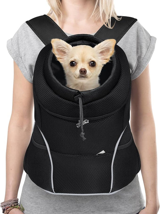 YUDODO Dog Front Carrier Backpack, Adjustable Breathable Dog Backpack | Ventilated, Safety Belt, Lightweight, Reflective Strip, Pocket Storage, For Walking Hiking Outdoor, Jet Black, L