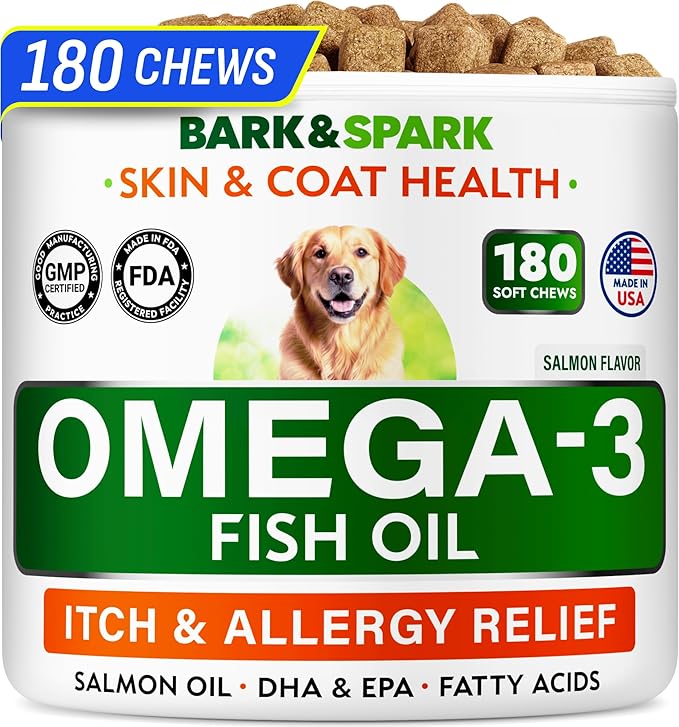 BARK&SPARK Omega 3 for Dogs and Cats-180 Fish Oil Treats for Dogs & Cats Shedding, Skin Allergy, Itch Relief, Hot Spots Treatment-Joint Health-Skin and Coat Supplement-EPA & DHA Fatty Acids-Salmon Oil