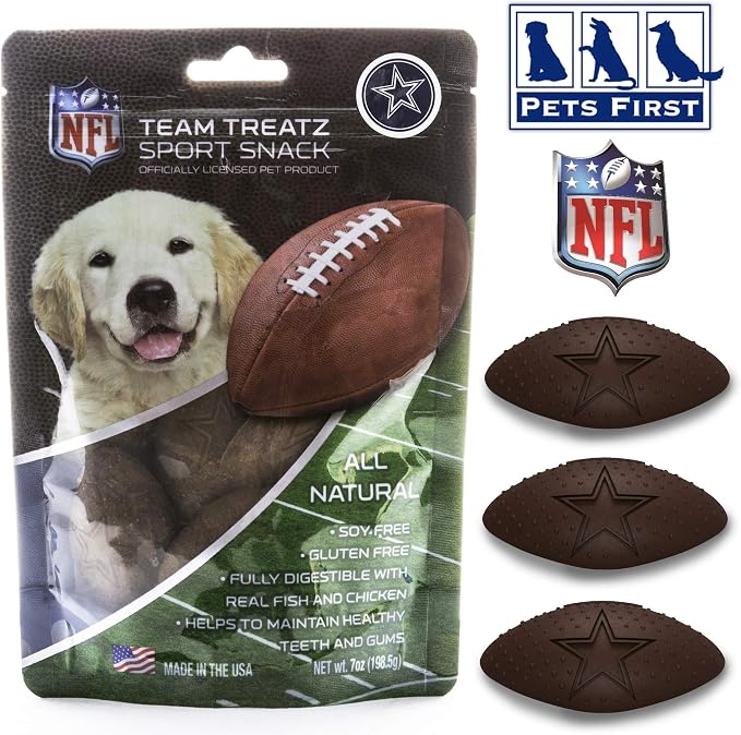 NFL Dallas Cowboys PET GIFT BOX with 2 Licensed DOG TOYS, 1 Logo-engraved NATURAL DOG TREAT, 1 NFL JERSEY, 1 NFL Puppy Training Bells & 1 Car Seatbelt