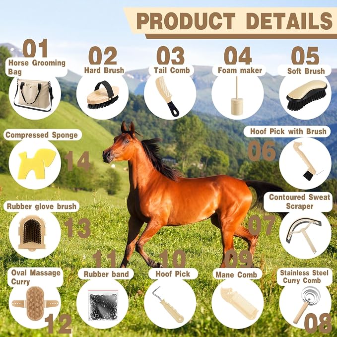 Abbylike 15 Pieces Horse Grooming Kit with Organizer Tote Bag Tack Room Supplies Horse Brush Sets Care Equine Cleaning Kit Shedding Grooming Massaging Tools (Beige)