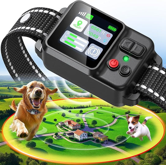 PRTRFLC GPS Wireless Dog Collar Fence System,Invisible Electric Fence for Dogs,Adjustable Range 49-6561ft,3 Training Mode,Rechargeable,Waterproof,Pet Containment System for Outdoor Use (Deep Black)