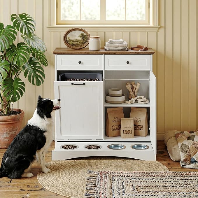Furnaza Pet Feeding Station with 4 Bowls, Dual Doors Dog Cabinet Storage | White 39.7"W Dual Doors Pet feeding station with storage for dogs and cats, Pet Food Storage for Kitchen, Living Room