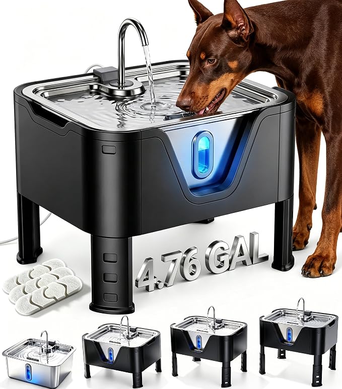 4.75Gal/ 18L Large Dog Water Fountain Elevated Dog Water Bowl & 3 Filters | 3-Height Adjustable Dog Water Bowl Dispenser, Quiet Stainless Steel Pet Water Fountain for Giant Breeds, Water Level Alert
