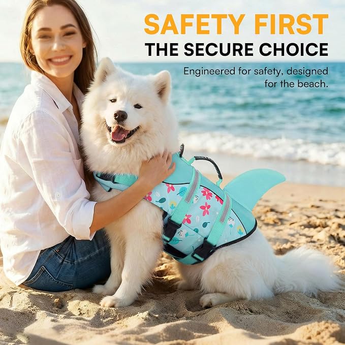 Dog Life Jacket, Dog Life Vest for Swimming, High Buoyancy Shark Swimming Safety Vest for Large Dogs, Reflective Pet Lifesaver Preserver with Rescue Handle, Blue Flower XL