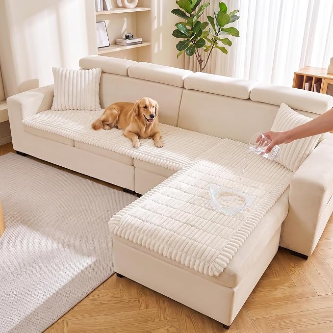 FUANGUI 2 Pack Waterproof Couch Cover for Dogs Pets Sofa Protector | Non-Slip Washable Fuzzy Soft Sofa Slipcover for 2 PCS L Shaped Sofa Pet Friendly, 27.6" x 70.9"+27.6" x 82.7", Beige