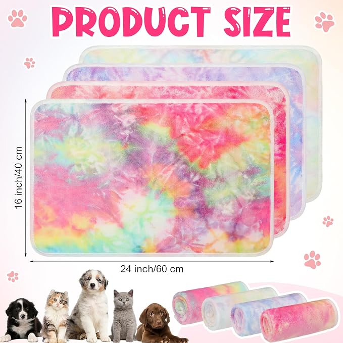 Tatuo 4 Pack Fleece Dog Blankets for Puppy Cats Multi-Size Sleep Mat for Pet Guinea Pig Soft Washable Crate Bed Puppy Teething Toys Print Pattern Warm Blanket Indoor(Pastel,24 x 16 Inch,Tie Dye)