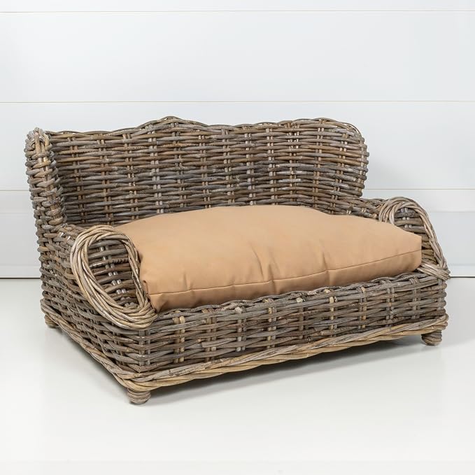 DBD1004A Classic 27.5" x 18" Mediterranean Handwoven Rattan Dog Daybed with Machine-Washable Cushion, Kubu Gray